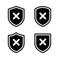 Shield with cross mark icon set. Unsafe, no security sign symbol vector