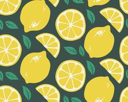 Seamless Pattern of Fresh Lemons and Leaves on Dark Background vector