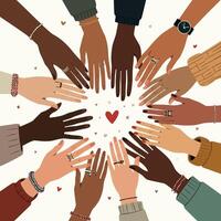 Diverse Hands in Unity Circle with Heart Symbols vector