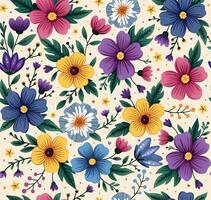 Seamless Pattern of Vibrant Floral Illustrations with Colorful Blooms and Leaves vector