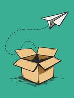 A paper airplane flying out of an open cardboard box against a green background vector