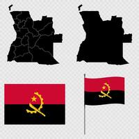 Set of maps, flag and flagpole of Angola. illustration. vector