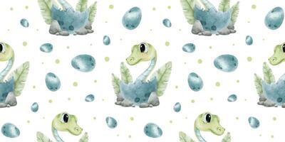 Green snakes in nest, blue eggs, dots and palm leaves. Watercolor nursery seamless surface pattern design. Cute baby reptile on green background. Print for clothes, textile, office supplies, linen vector
