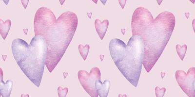 Pink and purple hearts overlapping together. Isolated hand drawn romantic watercolor seamless Background. Surface pattern design for Valentine's Day, clothes, wrapping paper, textiles, fabric vector