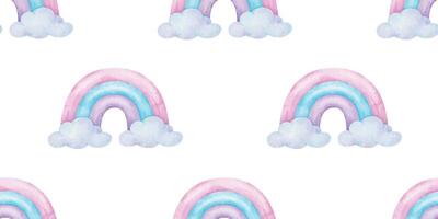Cute rainbows in clouds. Isolated hand drawn watercolor seamless Background in Childish style. Surface pattern design for baby shower, clothes, wrapping paper, textiles, fabrics, linen vector