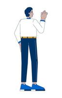 Indian man office worker pointing rear view 2D cartoon character. Hindu male entrepreneur checking information isolated person flat on white background. Spot illustration colorful vector