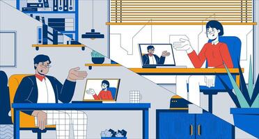 Virtual meeting remote employees flat illustration. Diverse coworkers working remotely 2D characters cartoon background. conferencing laptops home offices scene storytelling image vector