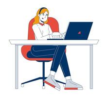 European woman freelancer working on laptop 2D cartoon character. Young female programmer writing code on computer isolated person flat on white background. Spot illustration colorful vector