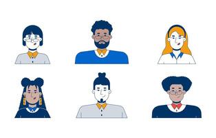 Diverse corporate company office workers 2D cartoon characters set. Multicultural young business professionals isolated people flat on white background. Spot illustrations collection vector