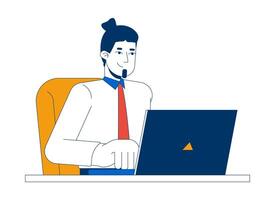 Positive office worker caucasian man typing laptop 2D cartoon character. Workplace happy. European male employee notebook isolated person flat on white background. Spot illustration colorful vector