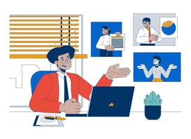 Remote worker conferencing 2D illustration concept. Home office. Videoconference meeting online colleagues multiracial cartoon characters isolated on white. Metaphor abstract flat graphic vector