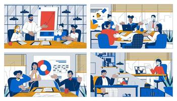 Teamwork meetings cartoon flat illustrations set. Multicultural team 2D characters colorful backgrounds. Briefing coworkers. Collaboration colleagues scenes storytelling images collection vector