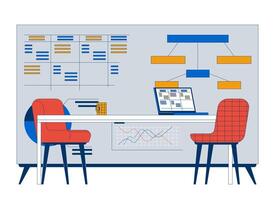 Company strategic planning presentation board table cartoon flat illustration. Data table, block diagram, stats charts. Laptop desk chairs 2D scene isolated on white background. colorful image vector