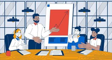 Celebrating company revenue growth flat illustration. Team colleagues clapping hands with manager 2D characters cartoon background. Recognizing business achievements scene storytelling image vector