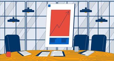 Arrow upward growing whiteboard conference room flat illustration. Rise chart presentation business meeting empty 2D interior cartoon background. Chairs mugs paperwork table scene image vector