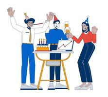 Celebrating company success cartoon flat illustration. Business anniversary party. Diverse colleagues cheer with cake laptop chart 2D characters isolated on white background. colorful image vector