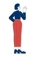 Asian businesswoman with pointing gesture rear view 2D cartoon character. Young adult female corporate employee isolated person flat on white background. Spot illustration colorful vector