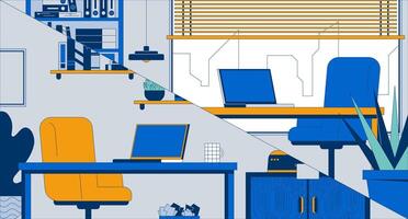 Empty workplaces for virtual meeting laptops flat illustration. Study rooms home offices tables 2D interior cartoon background. Work from home. Telework notebooks desks chairs scene image vector