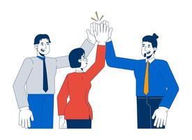 High five office workers colleagues cartoon flat illustration. Highfive teamwork. Cooperation teammates multiracial coworkers support 2D characters isolated on white background. colorful image vector