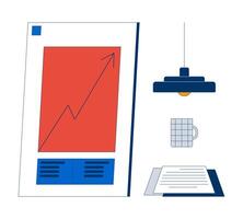 Conference room accessories 2D cartoon objects set. Presentation board, hanging lamp, cup, paperwork isolated elements flat cliparts on white background. Spot illustrations collection vector