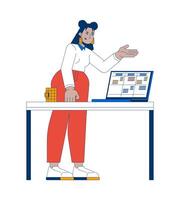 Business casual latina office worker explaining data table on laptop 2D cartoon character. Employee standing behind desk isolated person flat on white background. Spot illustration colorful vector