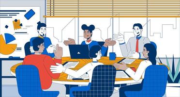 Successful roundtable discussion flat illustration. Negotiating team colleagues 2D characters cartoon background. Diverse coworkers at round table brainstorming scene storytelling image vector