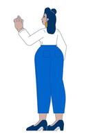 Hispanic woman in formal attire pointing rear view 2D cartoon character. Female office employee with overweight isolated person flat on white background. Spot illustration colorful vector