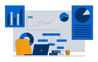 Corporate analysis workspace laptop 2D illustration concept. Pie charts bar graph notebook desk chair. Review diagrams cartoon background isolated on white. Metaphor abstract flat graphic vector