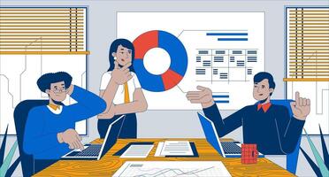 Multiracial team brainstorming flat illustration. Sharing colleagues against office presentation graph 2D characters cartoon background. Woman leader male coworkers scene storytelling image vector