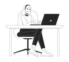 European woman freelancer working on laptop black and white 2D line character. Young female programmer writing code on computer isolated outline person. Monochromatic spot illustration vector