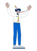 Hispanic office worker blowing into party horn 2D cartoon character. Latin american employee with whistle blower noisemaker isolated person flat on white background. Spot illustration colorful vector