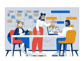 Productive collaboration in meeting room cartoon flat illustration. Business startup analytics. Briefing team members diverse 2D characters isolated on white background. colorful image vector