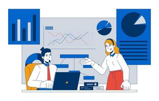Diverse leaders discussing graphs 2D illustration concept. Finance statistics. Chart analyzing cooperation colleagues cartoon characters isolated on white. Metaphor abstract flat graphic vector