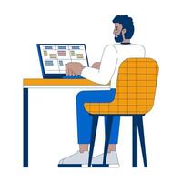 Business casual black man typing laptop with data table 2D cartoon character. African american employee working notebook isolated person flat on white background. Spot illustration colorful vector