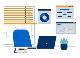 Data analytics job workspace 2D illustration concept. Analysis charts desk setup. Office space laptop potted plant cartoon background isolated on white. Metaphor abstract flat graphic vector