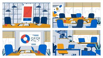 Boardroom table meeting room cartoon flat illustrations set. Desk presentation chart 2D interiors colorful backgrounds. Workplace office. Business startup scenes storytelling images collection vector