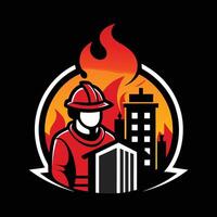 firefighter with fire helmet and fire in background vector