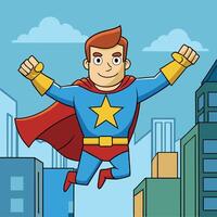 superhero cartoon illustration with a man in a red cape and blue shirt vector
