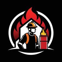 firefighter with fire extinguisher and house vector