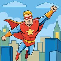 cartoon superhero flying over city skyline vector