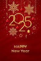 Happy New Year 2025. Hanging Golden metallic numbers 2025 with shining snowflakes, 3D metallic stars, balls and confetti on red background. New Year greeting card or banner template. vector