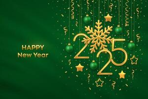 Happy New Year 2025. Hanging Golden metallic numbers 2025 with shining snowflakes, 3D metallic stars, balls, confetti on green background. New Year greeting card, banner template. vector