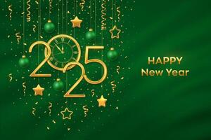 Happy New Year 2025. Gold metallic numbers 2025 and watch with Roman numeral and countdown midnight, eve for New Year. Hanging golden stars and balls on green background. vector