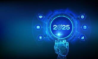 2025 New year Goals and plans. Business plan and strategies. Goal acheiveement and success in 2025. Resolutions, plan, action, checklist concept. Wireframe hand touching digital interface. vector