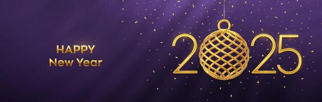 Happy New 2025 Year. Hanging Golden metallic numbers 2025 with shining 3D gold ball bauble and confetti on purple background. New Year greeting card, banner, header template. vector