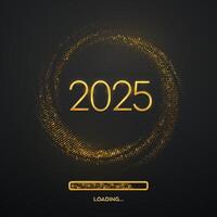 Happy New Year 2025. Golden metallic luxury numbers 2025 with loading bar on shimmering background. Bursting backdrop with glitters. Greeting card, festive poster or banner. vector
