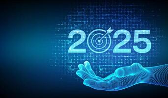 2025 New year Goals and plans. Numbers 2025 made with currency symbols in wireframe hand. New 2025 financial year. Business plan and strategies. Background with currency signs. vector