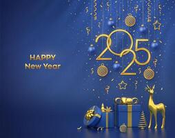 Happy New Year 2025. Hanging golden metallic numbers 2025 with stars, balls and snowflake on blue background. Reindeer, gift boxes, metallic pine or fir, cone shape spruce trees. vector