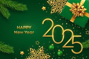 Happy New Year 2025. Golden metallic numbers 2025 with gift box, shining snowflake, pine branches, stars, balls and confetti on green background. New Year greeting card or banner template. vector