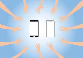 Several Hands And 2 Smartphones. Several Hands Trying To Grab 2 Smartphones Which Are In The Middle With A Light Blue Background With White Gradient. vector
